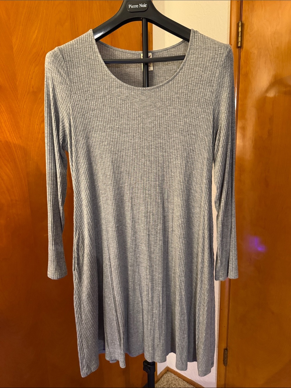 Faded Glory Gray Ribbed Long-Sleeve Swing Dress